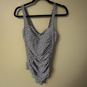 LL Bean Women Size 16 LONG XL Bathing Suit Blue‎ Printed One Piece Swim Scoop